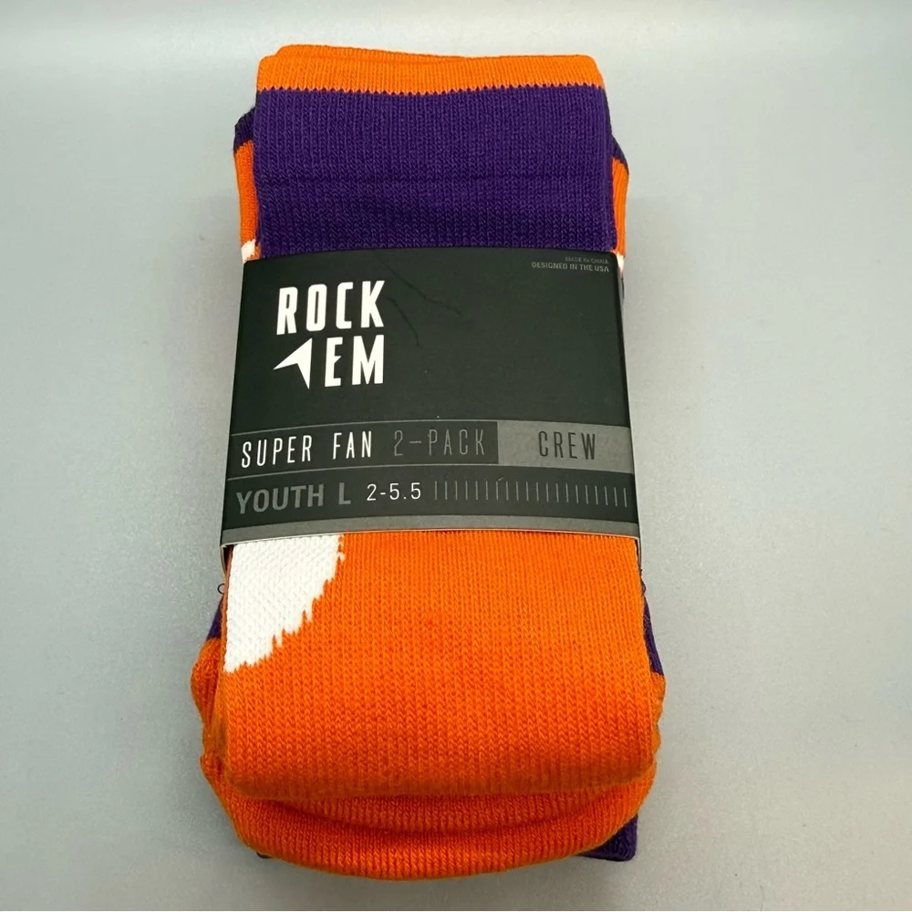 Rock Em Clemson Tigers Super Fan Crew Socks-Orange Purple 2-Pack Youth Large NWT